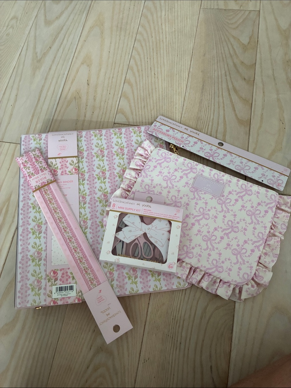 NWT Loveshackfancy Pink Floral Binder, Ruler, Mini Supply Kit & Pencil Case